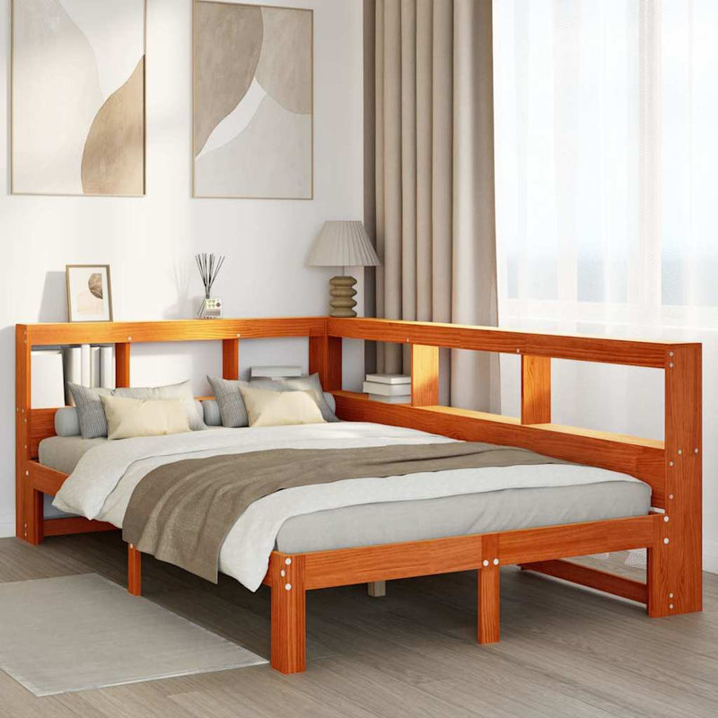 vidaXL barna tömör fenyőfa könyvespolcos ágy matrac nélkül 120 x 190cm