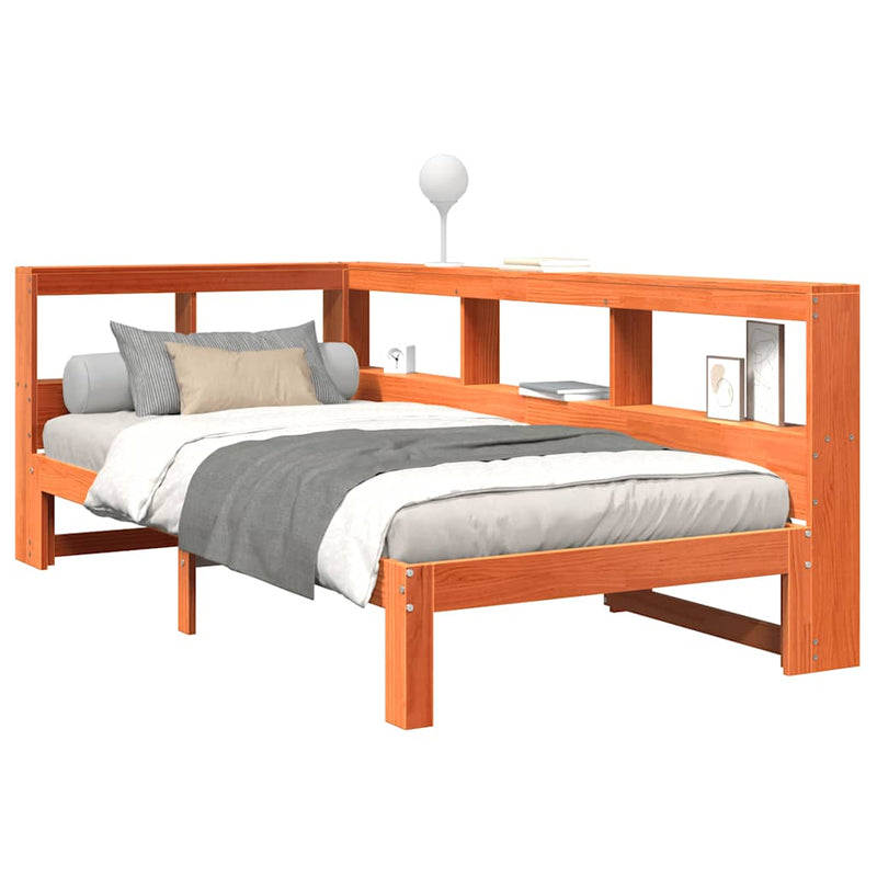 vidaXL barna tömör fenyőfa könyvespolcos ágy matrac nélkül 90 x 190 cm