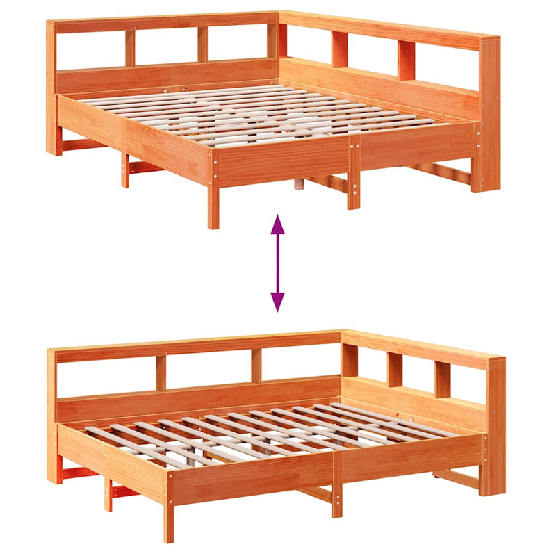 vidaXL barna tömör fenyőfa könyvespolcos ágy matrac nélkül 140 x 200cm