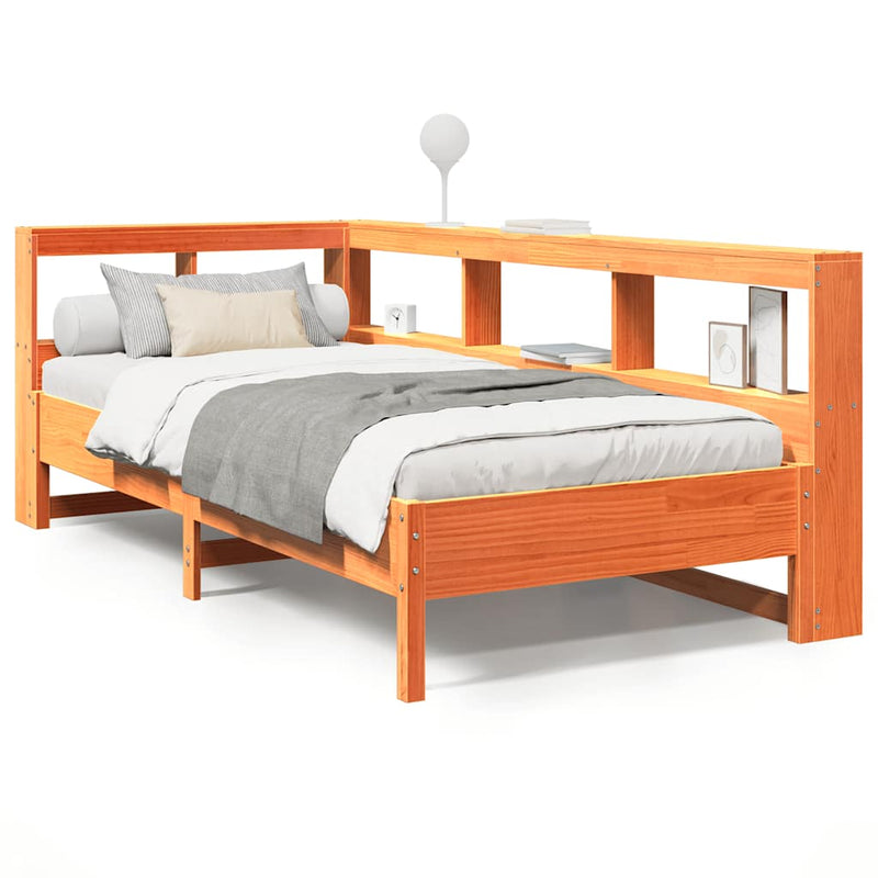 vidaXL barna tömör fenyőfa könyvespolcos ágy matrac nélkül 100 x 200cm