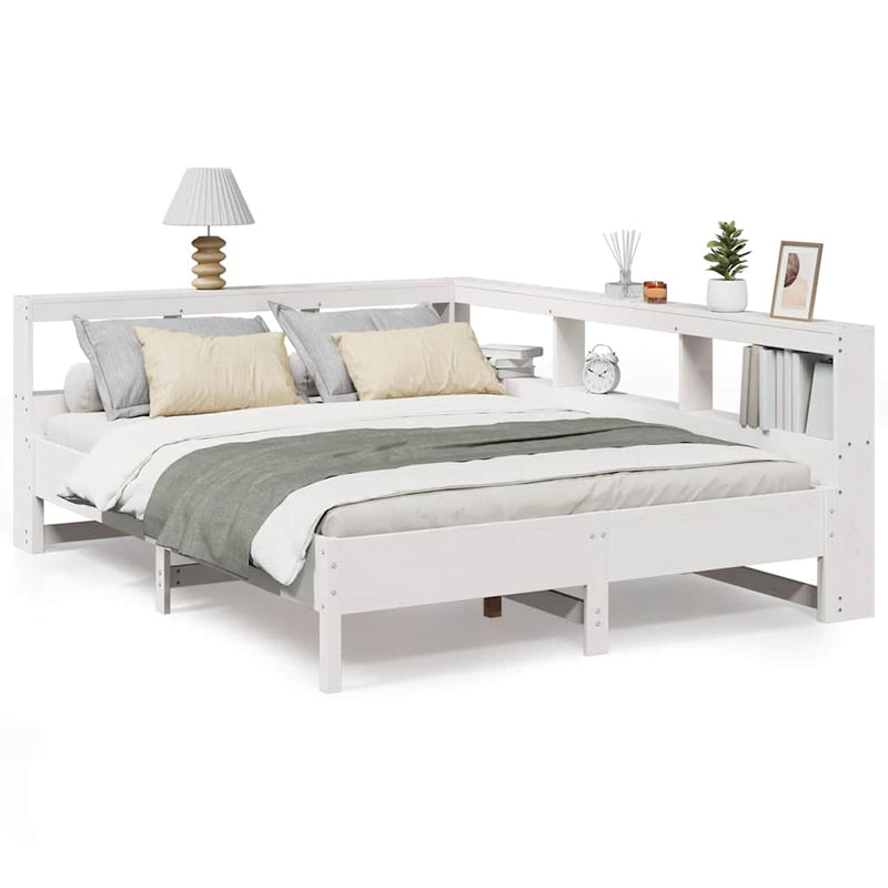 vidaXL fehér tömör fenyőfa könyvespolcos ágy matrac nélkül 135x190 cm