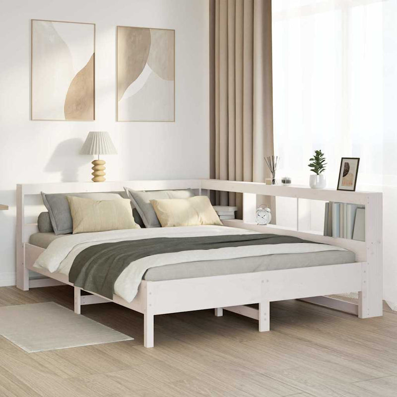 vidaXL fehér tömör fenyőfa könyvespolcos ágy matrac nélkül 135x190 cm