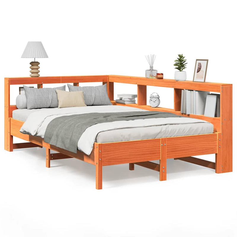 vidaXL barna tömör fenyőfa könyvespolcos ágy matrac nélkül 120 x 190cm