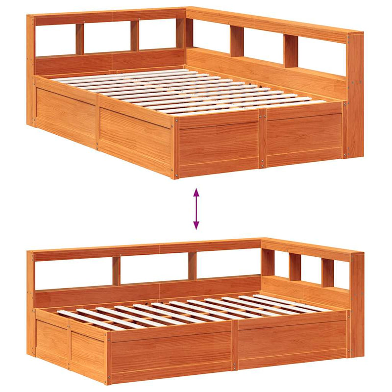 vidaXL barna tömör fenyőfa könyvespolcos ágy matrac nélkül 135 x 190cm