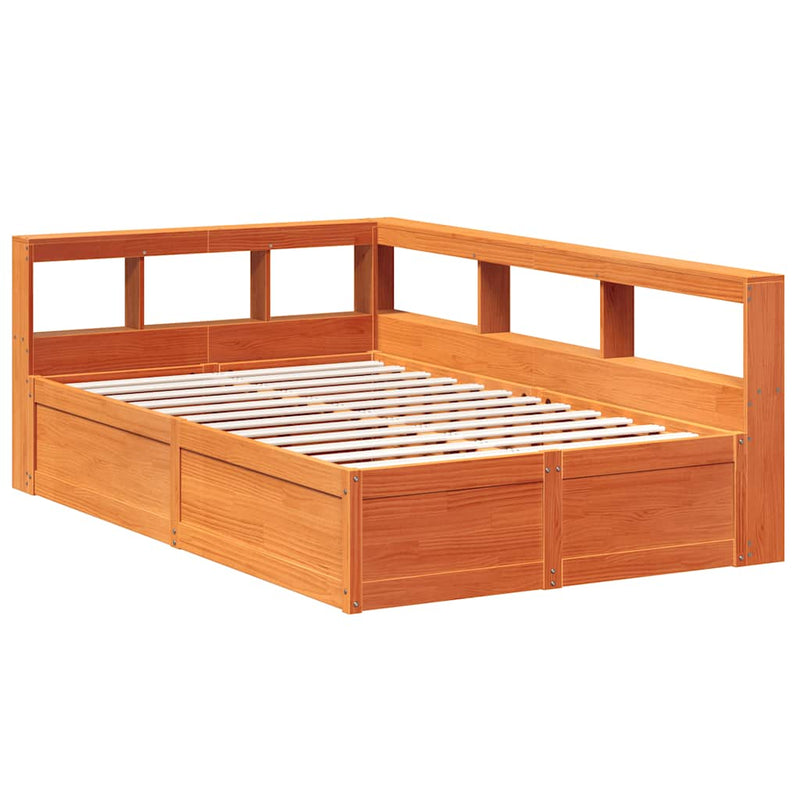 vidaXL barna tömör fenyőfa könyvespolcos ágy matrac nélkül 120 x 190cm