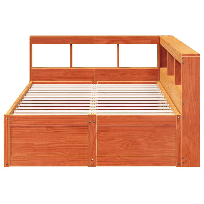 vidaXL barna tömör fenyőfa könyvespolcos ágy matrac nélkül 120 x 190cm