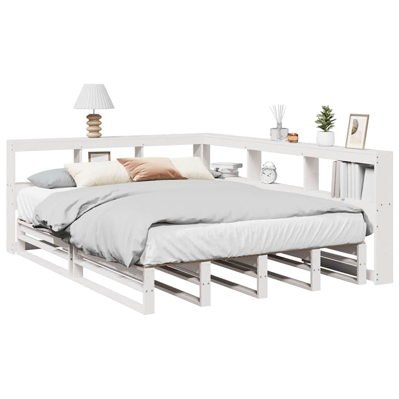 vidaXL fehér tömör fenyőfa könyvespolcos ágy matrac nélkül 135x190 cm
