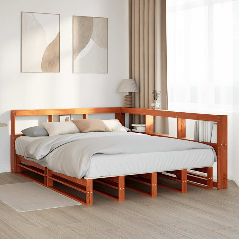 vidaXL barna tömör fenyőfa könyvespolcos ágy matrac nélkül 135 x 190cm