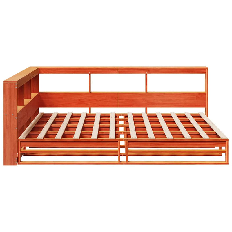 vidaXL barna tömör fenyőfa könyvespolcos ágy matrac nélkül 135 x 190cm