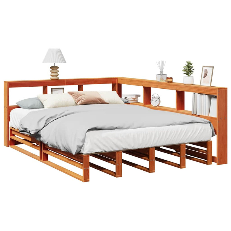 vidaXL barna tömör fenyőfa könyvespolcos ágy matrac nélkül 135 x 190cm