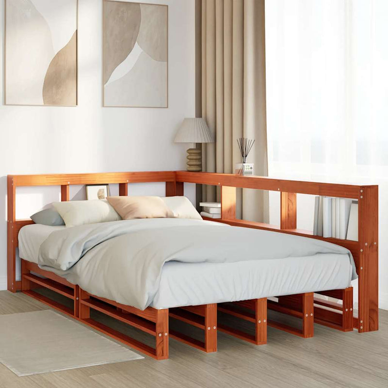vidaXL barna tömör fenyőfa könyvespolcos ágy matrac nélkül 120 x 190cm