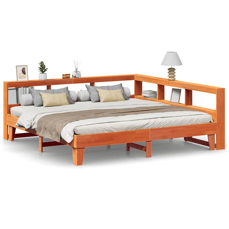 vidaXL barna tömör fenyőfa könyvespolcos ágy matrac nélkül 180 x 200cm