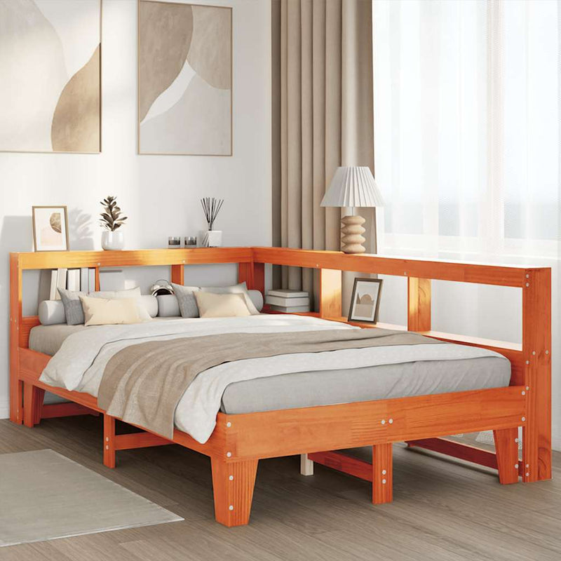 vidaXL barna tömör fenyőfa könyvespolcos ágy matrac nélkül 120 x 190cm