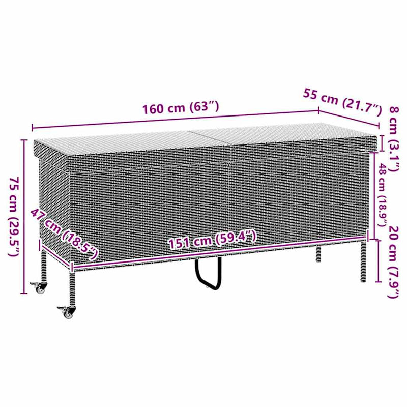 vidaXL fekete polyrattan kerti tárolóláda kerekekkel 160x55x75 cm