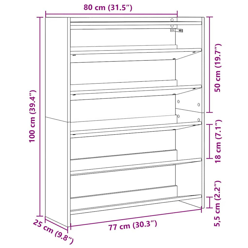 vidaXL fehér szerelt fa cipőtároló szekrény 80x25x100 cm