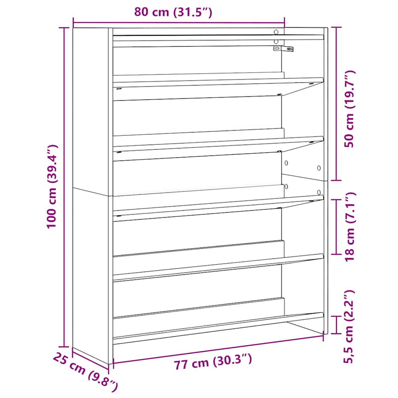 vidaXL füstös tölgy színű szerelt fa cipőtartó 80x25x100 cm