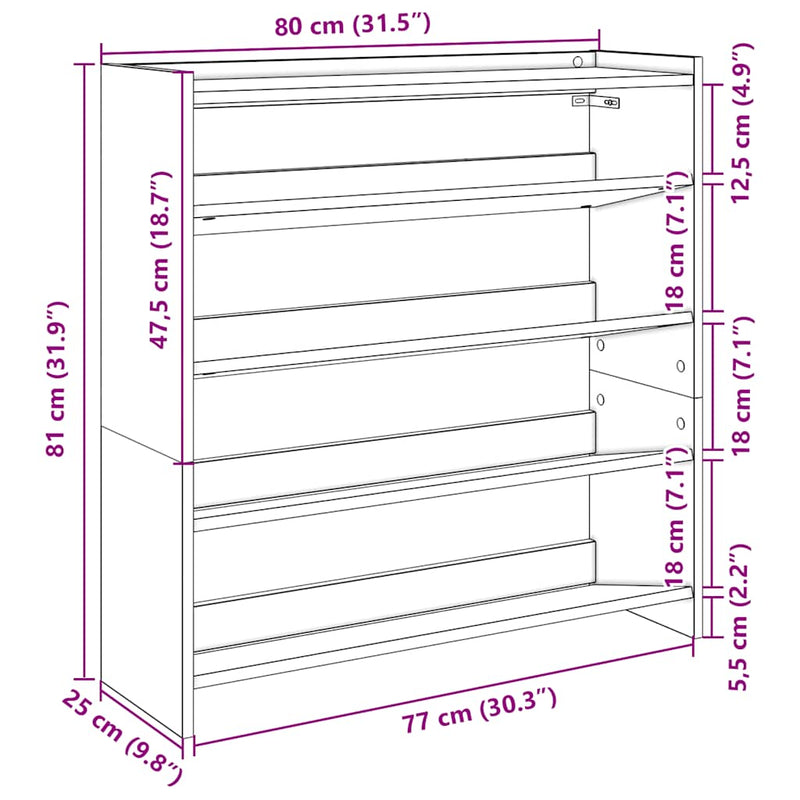 vidaXL fehér szerelt fa cipőtároló szekrény 80x25x81 cm