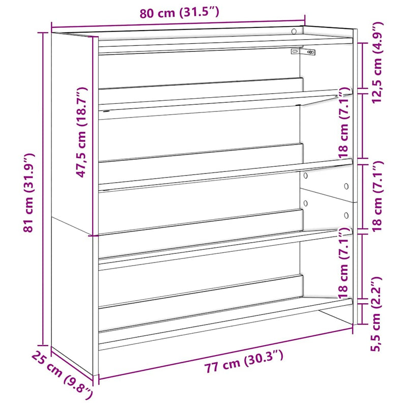 vidaXL füstös tölgy színű szerelt fa cipőtartó 80x25x81 cm