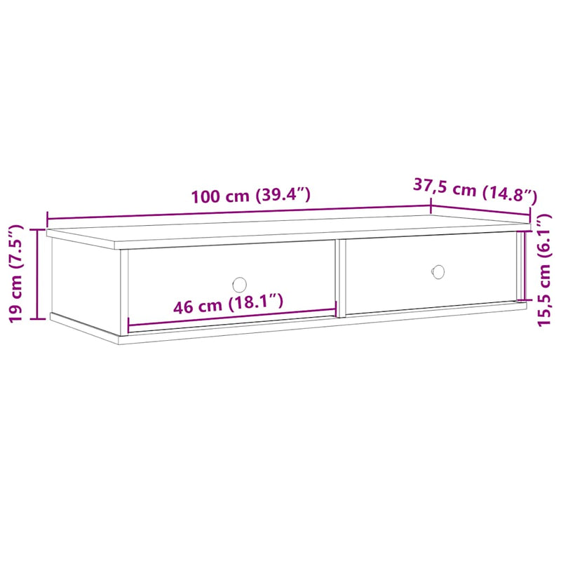 vidaXL fekete szerelt fa falipolc fiókokkal 100 x 37,5 x 19 cm