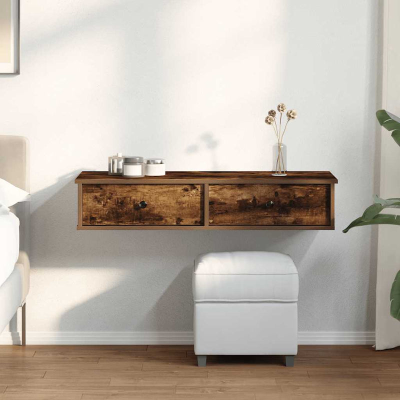 vidaXL füstölt tölgy szerelt fa falipolc fiókokkal 100 x 37,5 x 19 cm