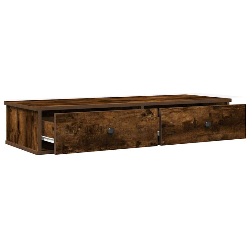 vidaXL füstölt tölgy szerelt fa falipolc fiókokkal 100 x 37,5 x 19 cm