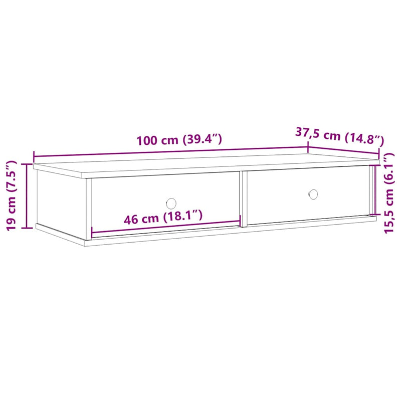 vidaXL kézműves tölgy szerelt fa falipolc fiókokkal 100 x 37,5 x 19 cm
