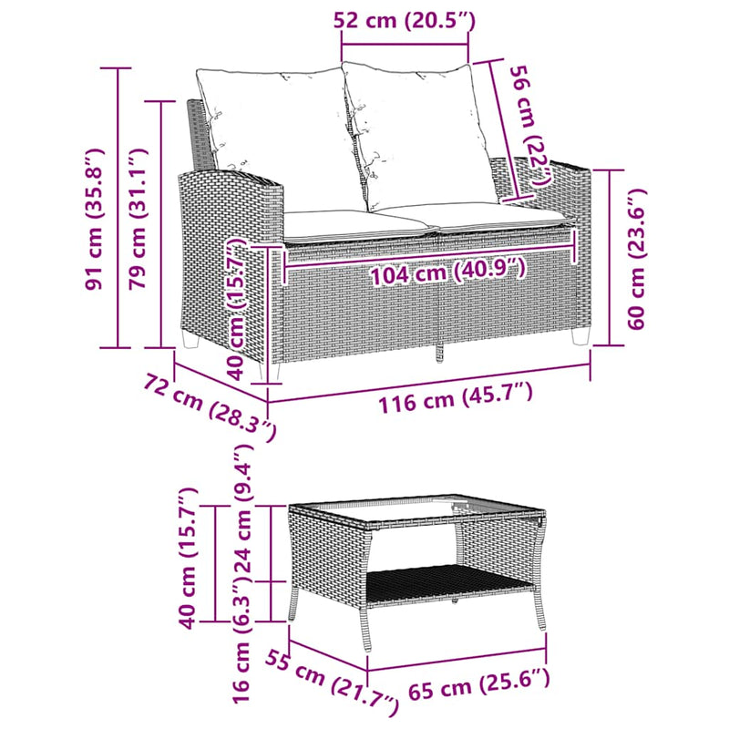 vidaXL 2 személyes polyrattan kerti kanapé asztallal&párnával