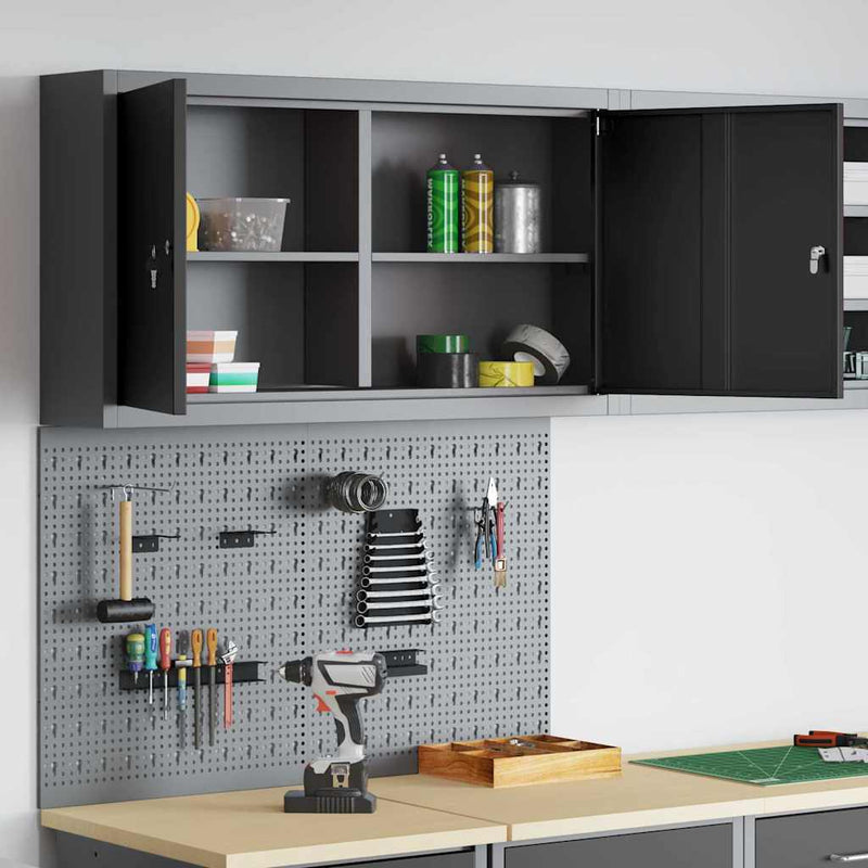 vidaXL Szerszámszekrény és pegboard szett polcokkal 3 pcs Fekete
