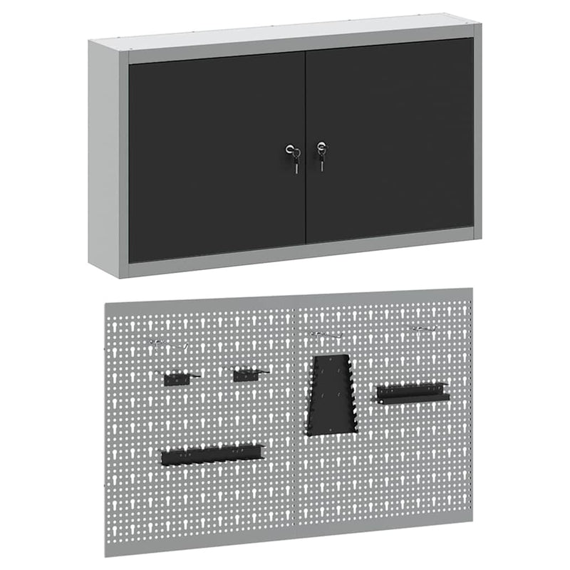 vidaXL Szerszámszekrény és pegboard szett polcokkal 3 pcs Fekete