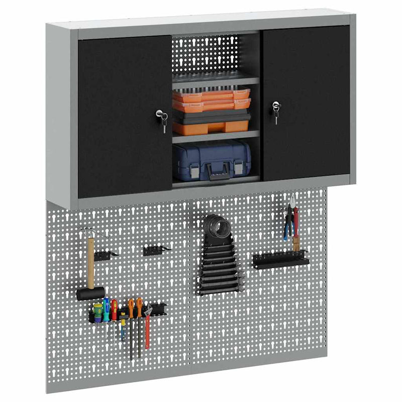 vidaXL Szerszámszekrény és pegboard szett polcokkal 3 pcs Fekete