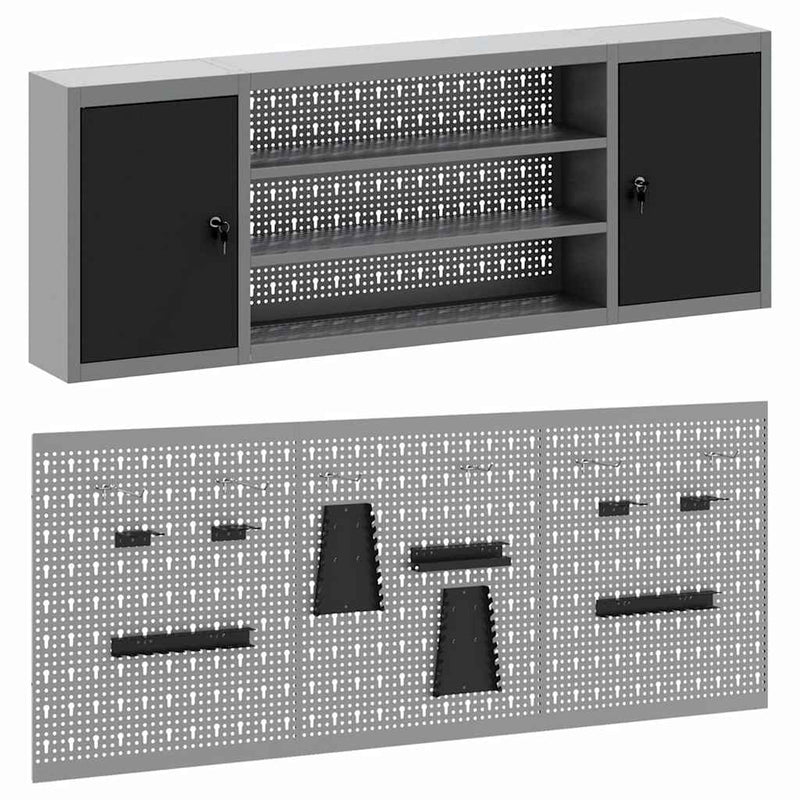 vidaXL Szerszámszekrény és pegboard szett polcokkal 6 pcs Fekete
