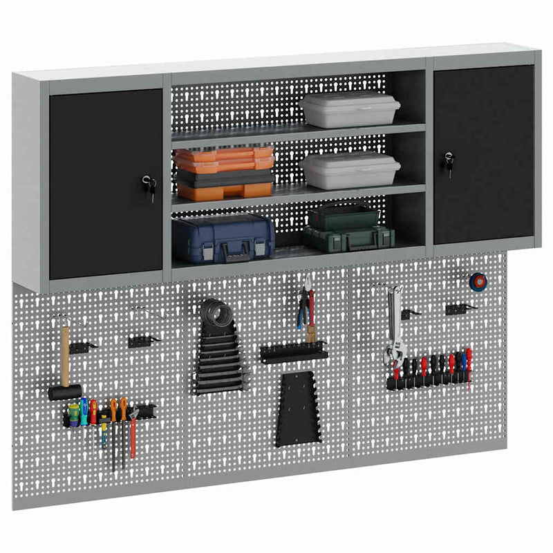 vidaXL Szerszámszekrény és pegboard szett polcokkal 6 pcs Fekete