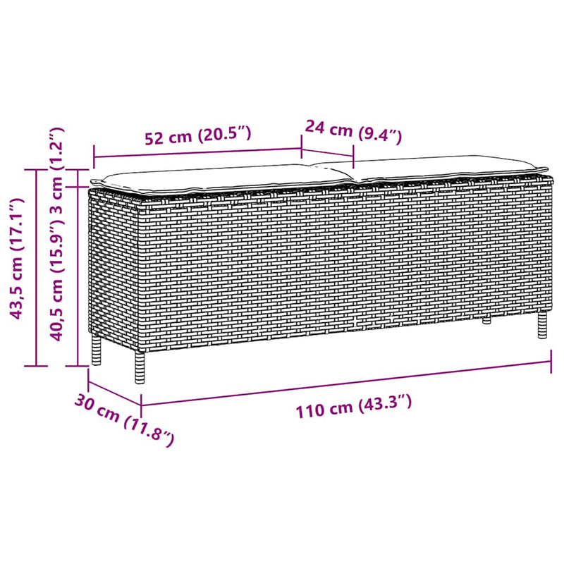 vidaXL bézs polyrattan kerti pad párnával 110x30x40,5 cm