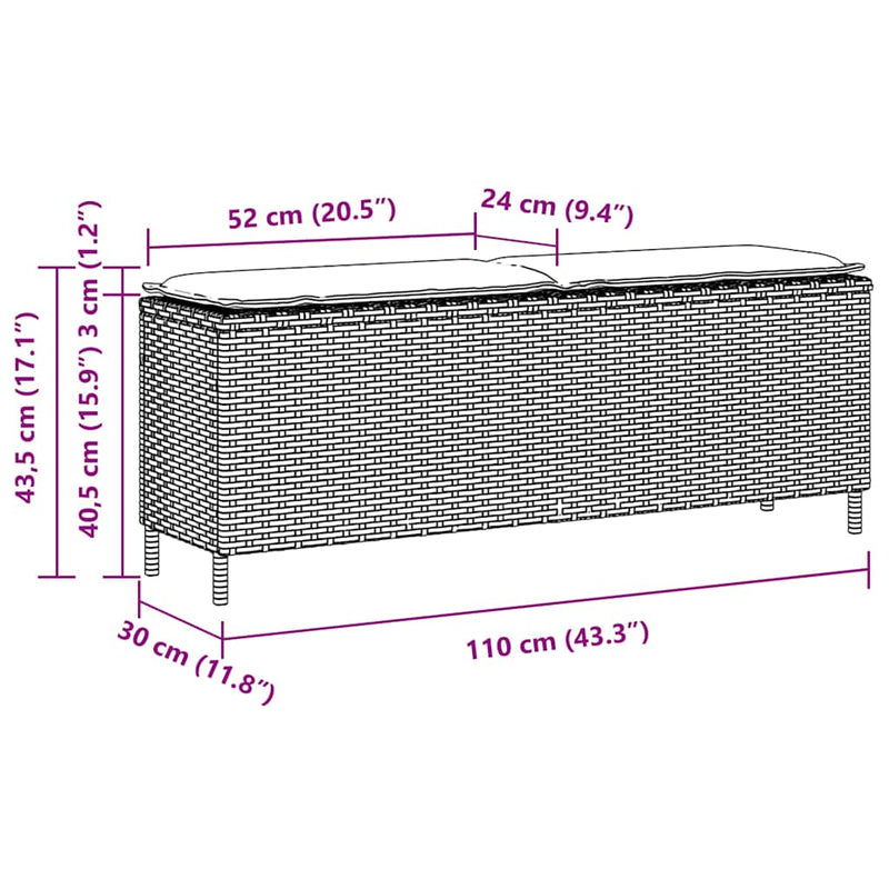 vidaXL bézs polyrattan kerti pad párnával 110x30x40,5 cm