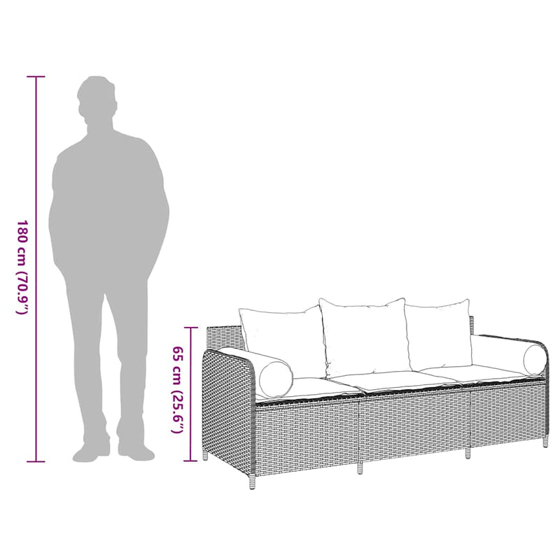 vidaXL 3 személyes barna polyrattan kerti kanapé párnával
