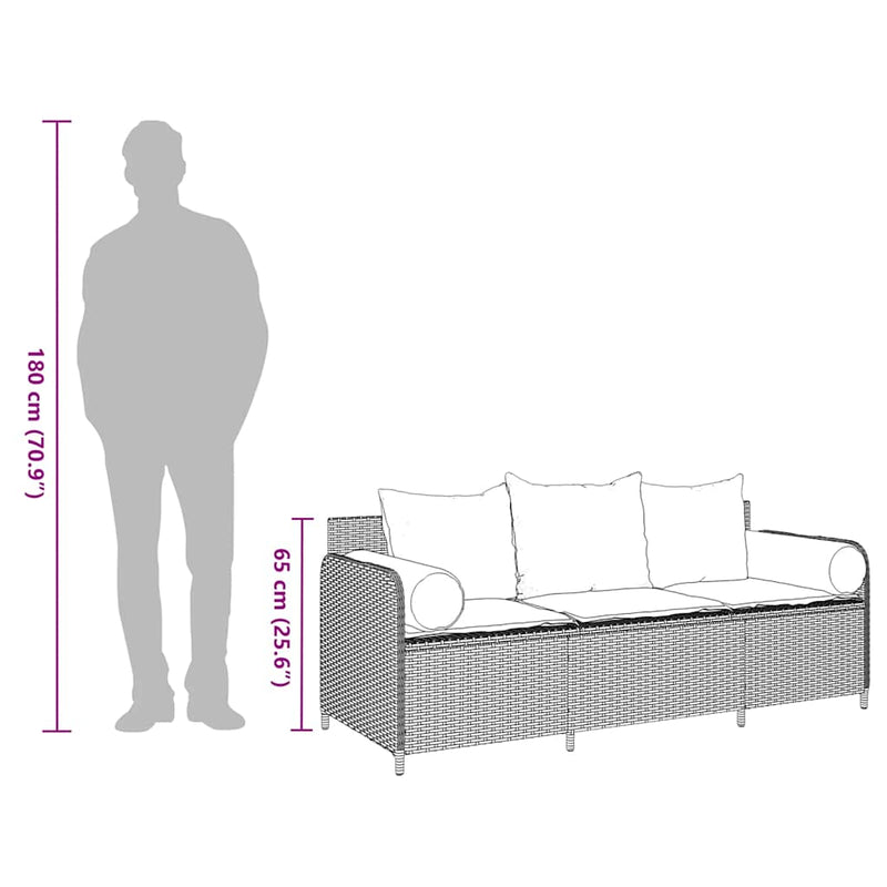 vidaXL 3 személyes világosszürke polyrattan kerti kanapé párnával