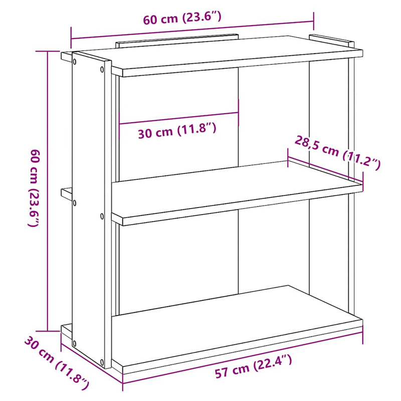 vidaXL 3 szintes szürke sonoma színű szerelt fa könyvespolc 60x30x60cm