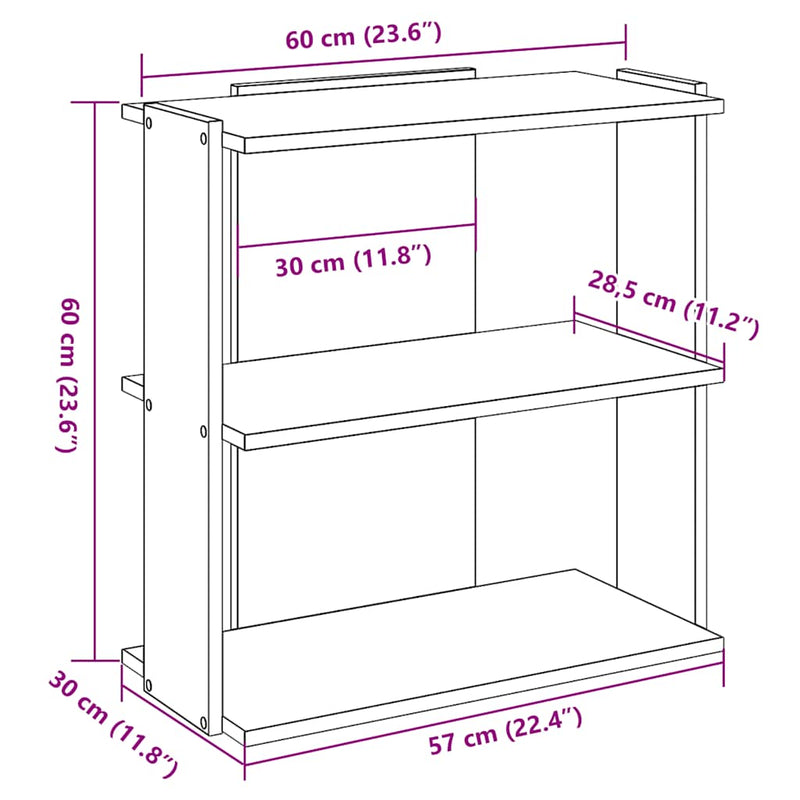 vidaXL 3 szintes kézműves tölgy szerelt fa könyvespolc 60 x 30 x 60 cm