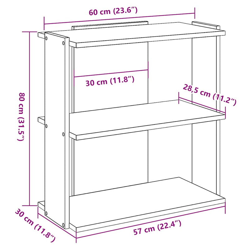 vidaXL 3 szintes fekete szerelt fa könyvespolc 60x30x80 cm