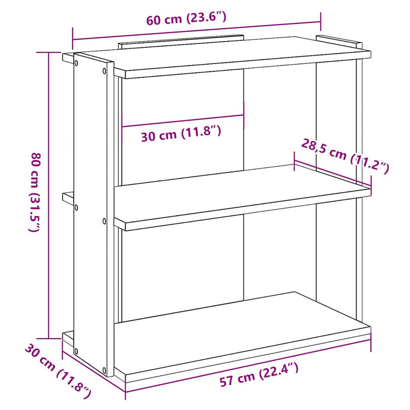 vidaXL 3 szintes betonszürke szerelt fa könyvespolc 60x30x80 cm