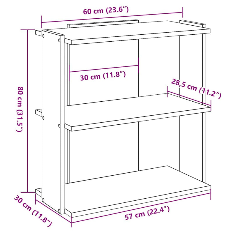 vidaXL 3 szintes füstös tölgy színű szerelt fa könyvespolc 60x30x80 cm
