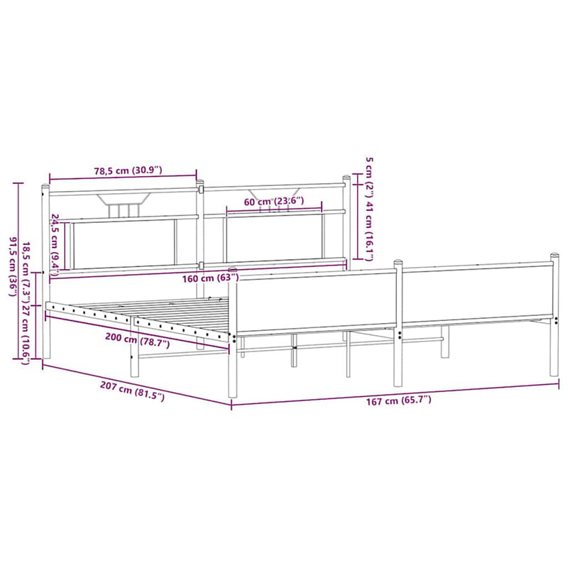 vidaXL barna tölgy színű fém ágykeret matrac nélkül 160 x 200 cm