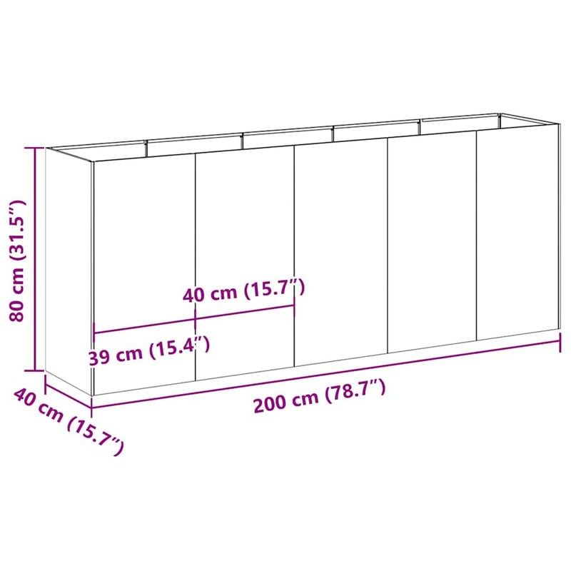 vidaXL ültető rozsdás 200x40x80 cm időjárásálló acélból
