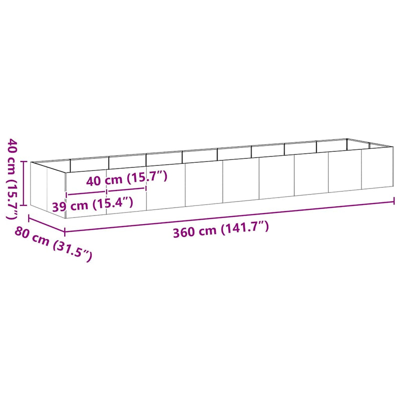vidaXL ültetőtartó Fekete 360x80x40 cm Acél