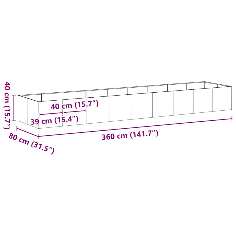vidaXL ültető rozsdás 360x80x40 cm időjárásálló acélból