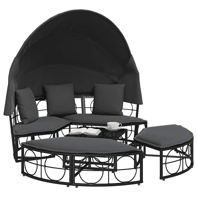 vidaXL fekete polyrattan kültéri napozóágy napellenzővel és párnákkal