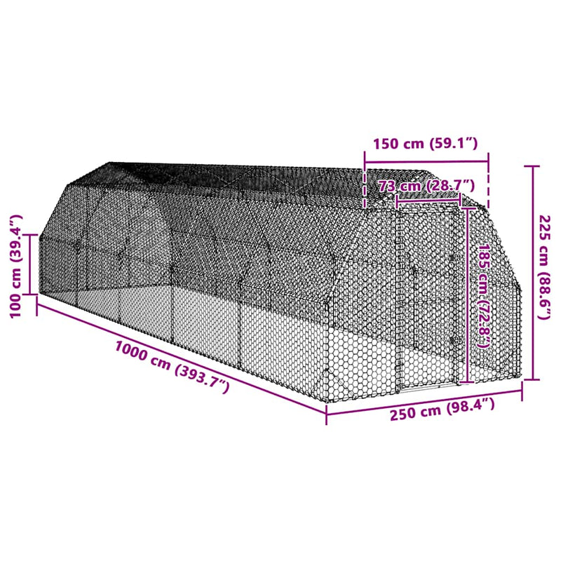 vidaXL Csirkefuttató 2,5x10x2,25 m horganyzott acél