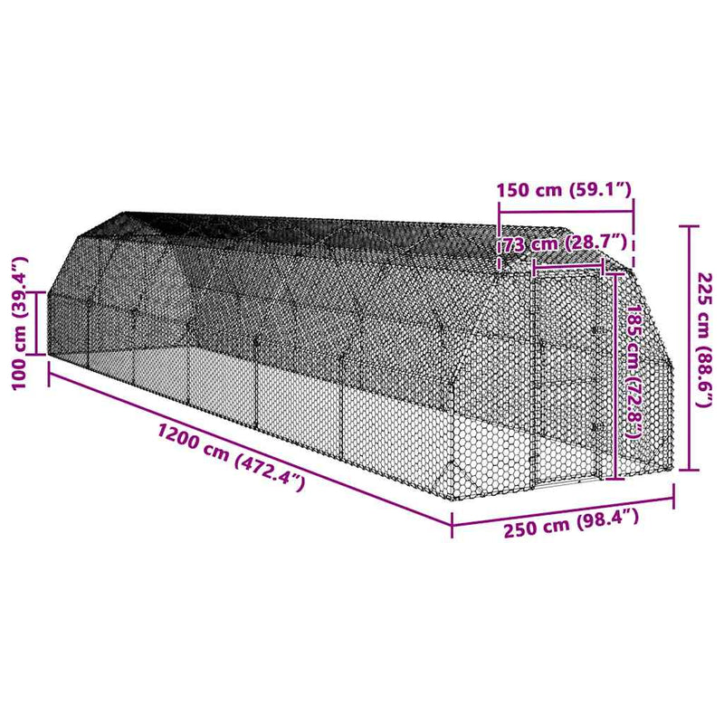 vidaXL Csirkefuttató 2,5x12x2,25 m horganyzott acél