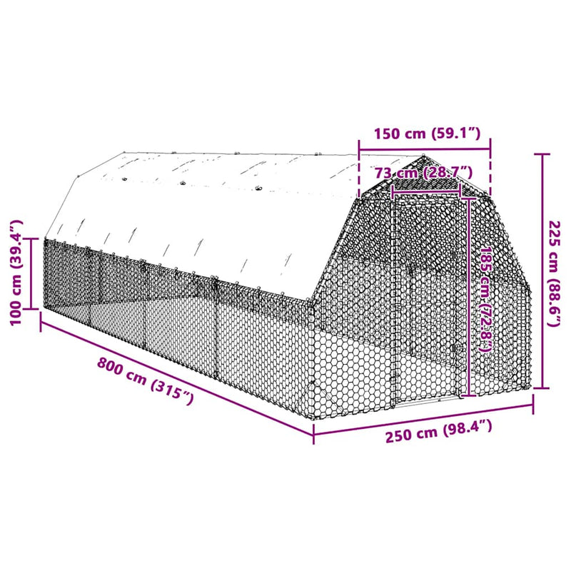 vidaXL Csirkekifutó tetővel 2,5x8x2,25 m horganyzott acél