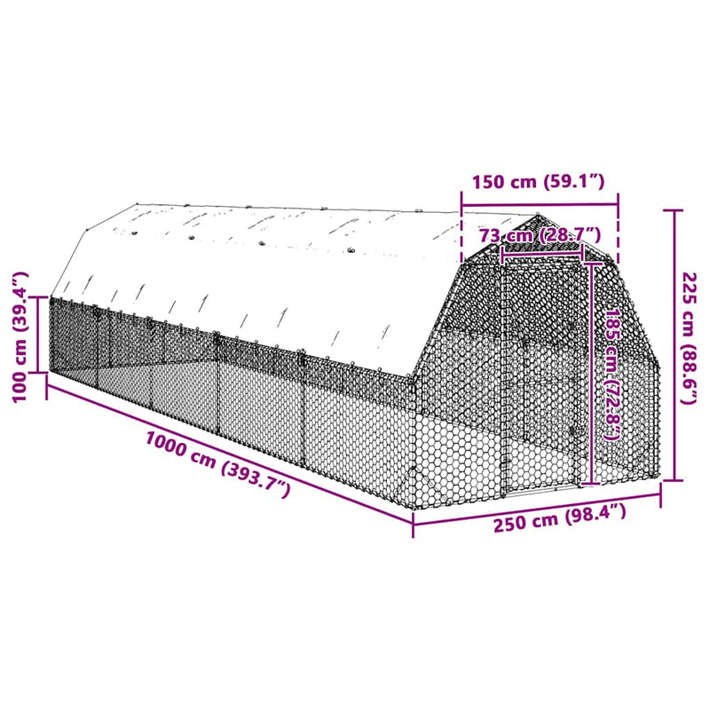 vidaXL Csirkekifutó tetővel 2,5x10x2,25 m horganyzott acél